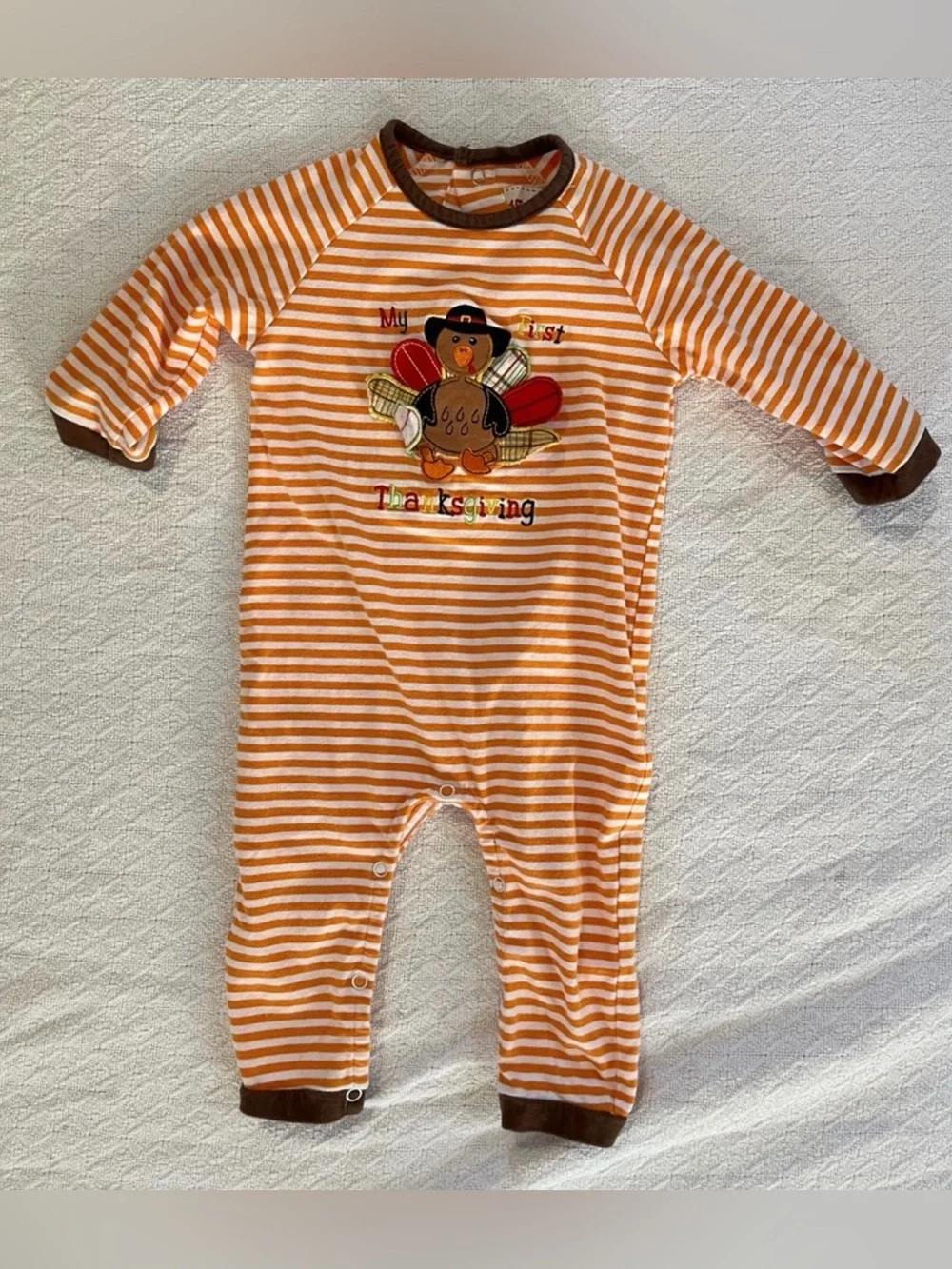 Toffee Apple My First Thanksgiving Orange and White Romper with Turkey Appliqué
